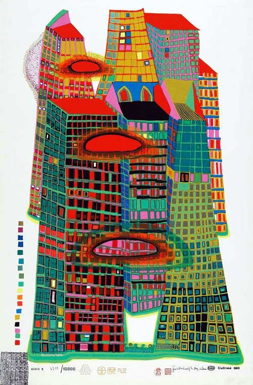 Hundertwasser - Good Morning City - Bleeding Town - series Q - 1969 color screenprint